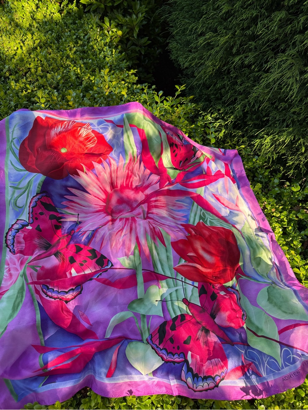 Silk Scarf 35” LG floral and butterfly print by Adrienne Vittadini